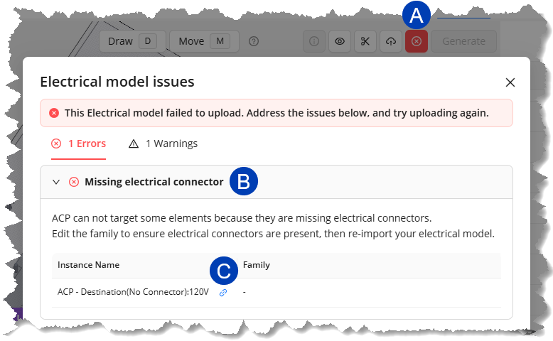 Error message indicating missing electrical connector in the electrical model upload process.